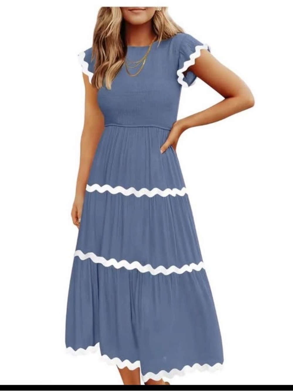Blue Maxi Dress with White Scalloped Trim